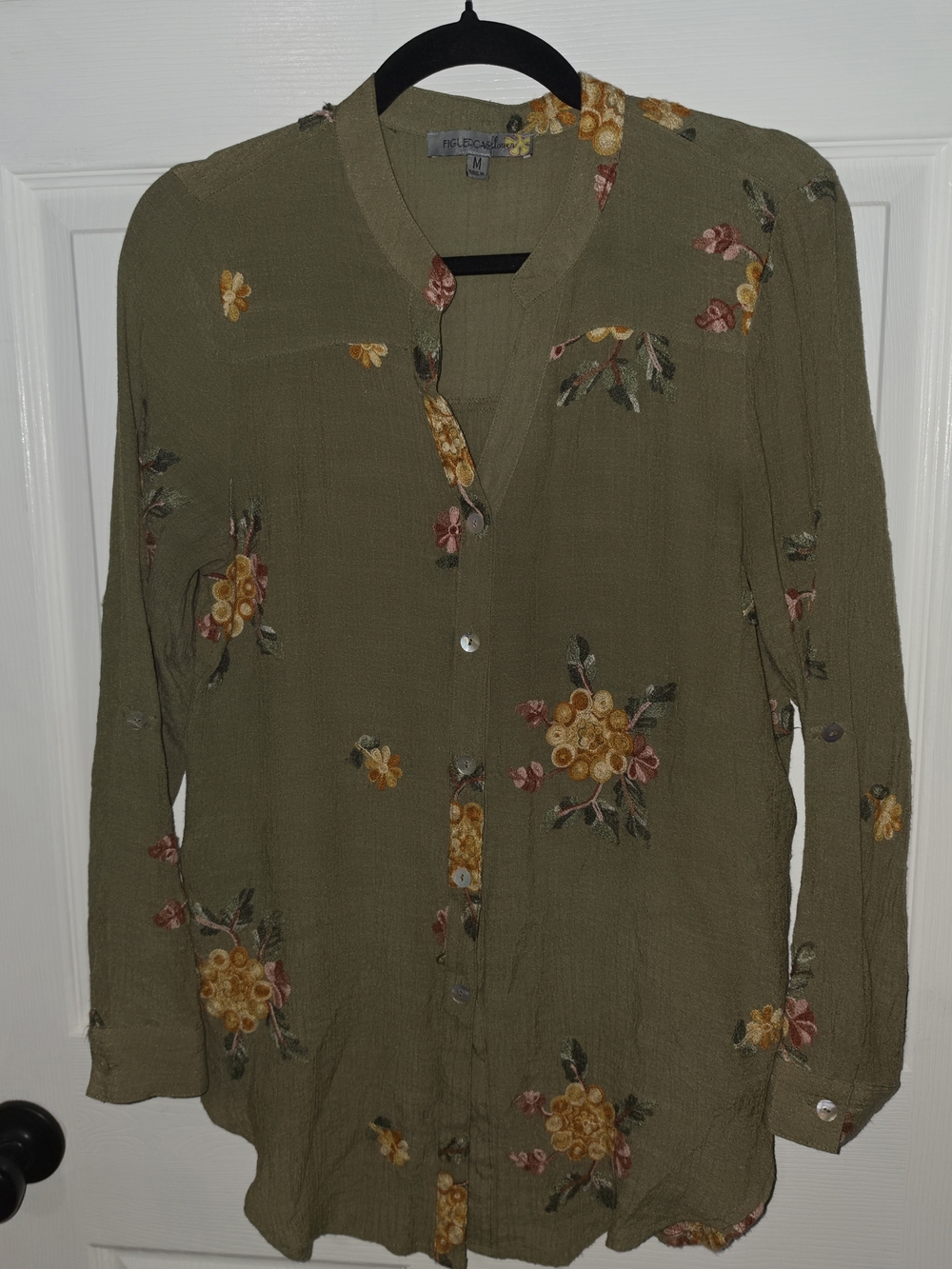 Fig & Flower Olive Green Floral Button-Down Tunic Top
